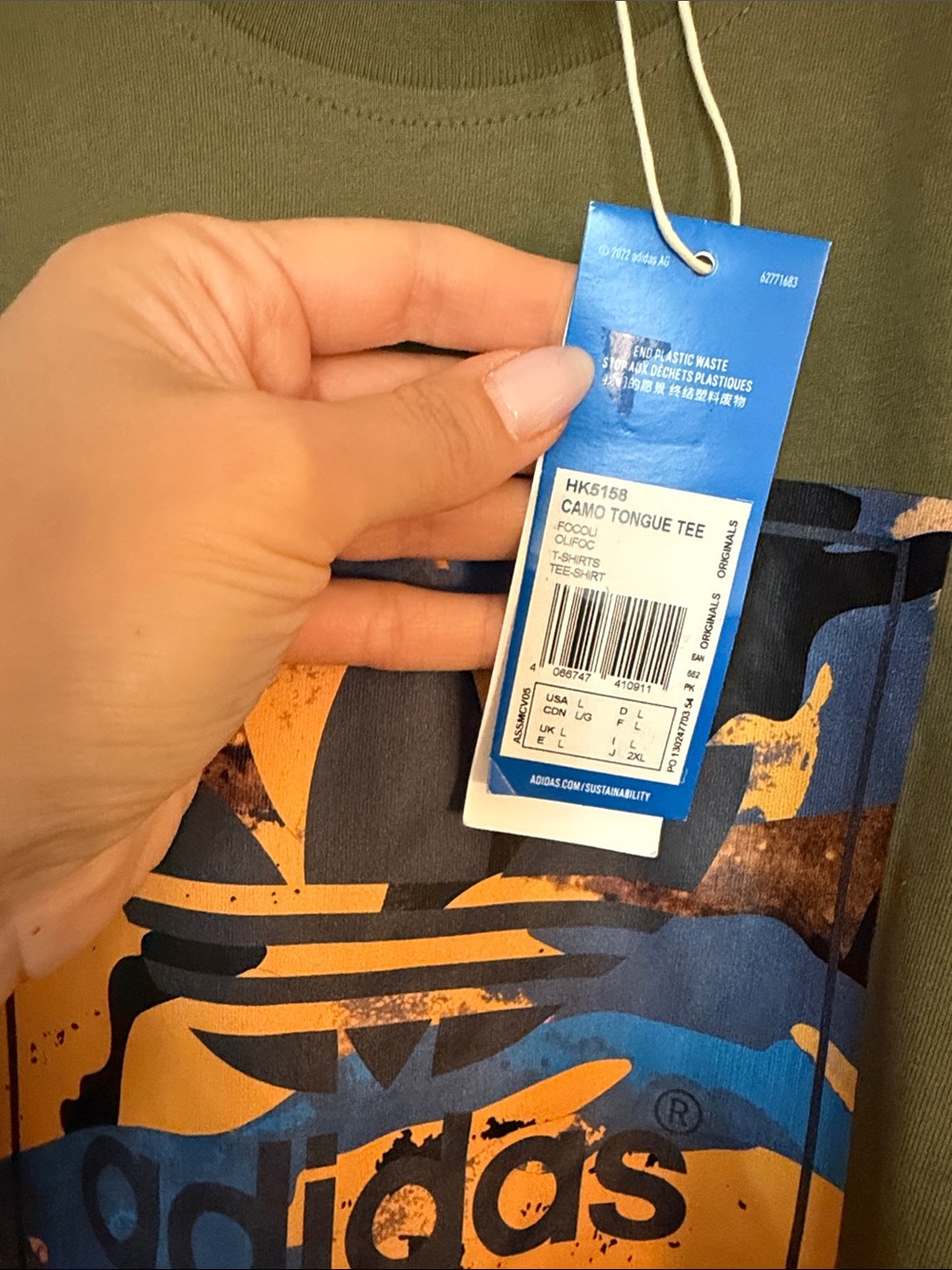 adidas Olive Short Sleeve Tee with Blue and Orange Logo Print - Picture 2 of 3
